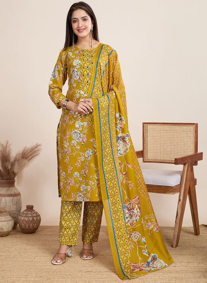 Women Basket Floral Printed Cotton Blend Kurta Set with Trousers and Dupatta for Women