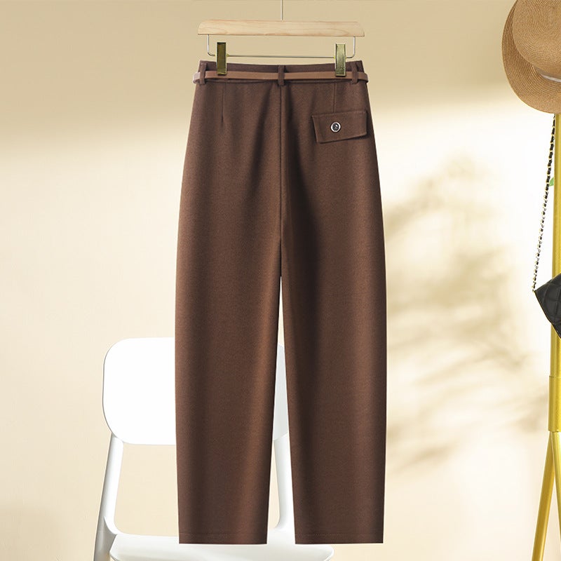 brown Harlan Pants Autumn and Winter Woolen Thickened Cropped Pants Womens Straight Pants Hip Covering Slimming Smoke Tube Pants Casual Pants brown-fleece-lined - Image 5