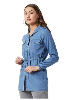 Miss Chase Miss Chase Women's Light Blue Hooded Full Sleeves Solid Tie-Up Detailing Long Denim Jacket (MCAW19DEN05-54-158_Light Blue_L)  - Image 1