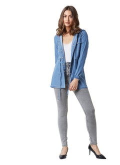 Miss Chase Miss Chase Women's Light Blue Hooded Full Sleeves Solid Tie-Up Detailing Long Denim Jacket (MCAW19DEN05-54-158_Light Blue_L)  - Image 2