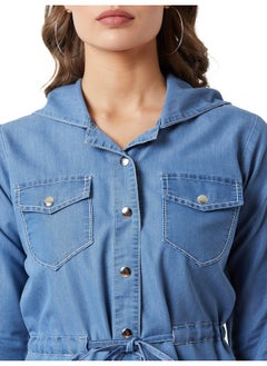Miss Chase Miss Chase Women's Light Blue Hooded Full Sleeves Solid Tie-Up Detailing Long Denim Jacket (MCAW19DEN05-54-158_Light Blue_L)  - Image 5