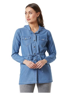 Miss Chase Miss Chase Women's Light Blue Hooded Full Sleeves Solid Tie-Up Detailing Long Denim Jacket (MCAW19DEN05-54-158_Light Blue_L)  - Image 3