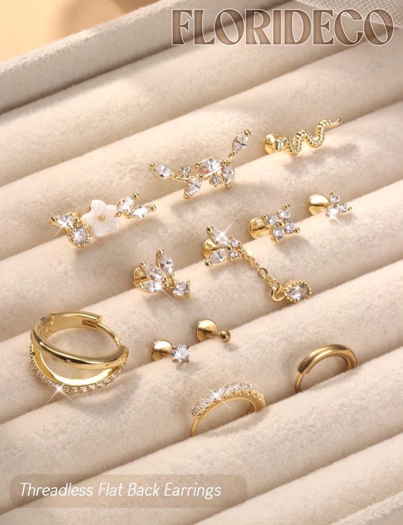 Florideco 18G Threadless Flat Back Earrings Hypoallergenic Push in Stud Earrings 14K Gold Plated 316L Surgical Steel Stud Hoop Earring Sets Cartilage Helix Conch Tragus Nose Piercing Jewelry - Image 3
