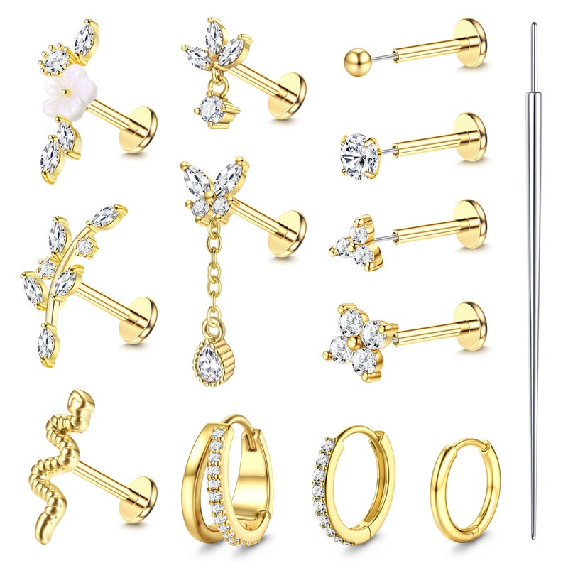 Florideco 18G Threadless Flat Back Earrings Hypoallergenic Push in Stud Earrings 14K Gold Plated 316L Surgical Steel Stud Hoop Earring Sets Cartilage Helix Conch Tragus Nose Piercing Jewelry - Image 1