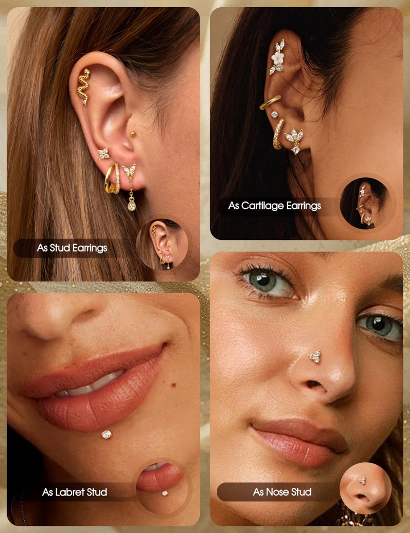 Florideco 18G Threadless Flat Back Earrings Hypoallergenic Push in Stud Earrings 14K Gold Plated 316L Surgical Steel Stud Hoop Earring Sets Cartilage Helix Conch Tragus Nose Piercing Jewelry - Image 4