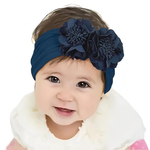 SYGA Baby Headband Nylon Double Flower Soft Stretchable Hairband for Newborn Infant Toddler Kids For 0-3 Year - NavyBlue - Image 1