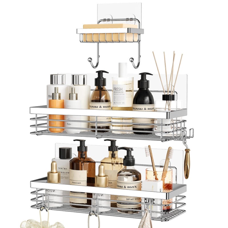 Orimade Adhesive Shower Caddy Soap Dish Holder Shelf with 5 Hooks Bathroom Organizer Basket Kitchen Storage Rack Wall Mounted No Drilling Stainless Steel  3 PackSilver