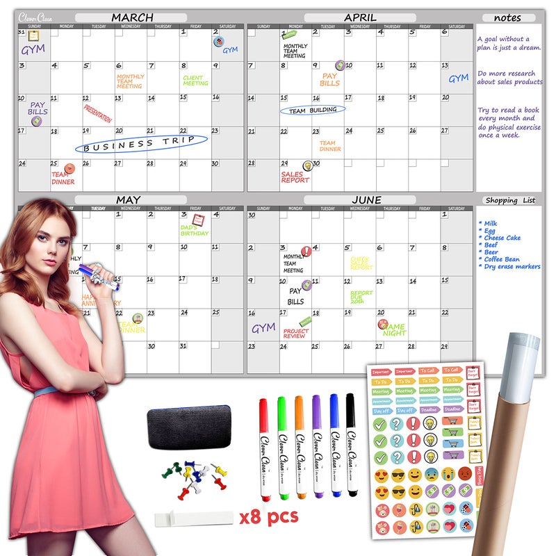 Clever Clean Large Dry Erase Wall Calendar - 36" x 52" Undated 4-Month Calendar for Home, Office, School - Reusable Jumbo Laminated Task Organizer - Image 1