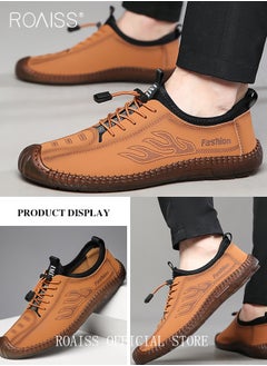 roaiss New Mens Casual Drawstring Non-slip Soft Sole Flat Shoes Fashion Round Toe Shoes Daily Hand Stitched Leather Shoes  - Image 5