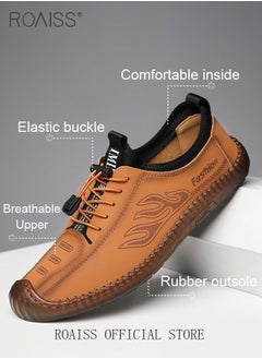 roaiss New Mens Casual Drawstring Non-slip Soft Sole Flat Shoes Fashion Round Toe Shoes Daily Hand Stitched Leather Shoes  - Image 4