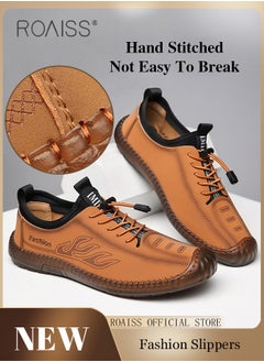roaiss New Mens Casual Drawstring Non-slip Soft Sole Flat Shoes Fashion Round Toe Shoes Daily Hand Stitched Leather Shoes  - Image 2