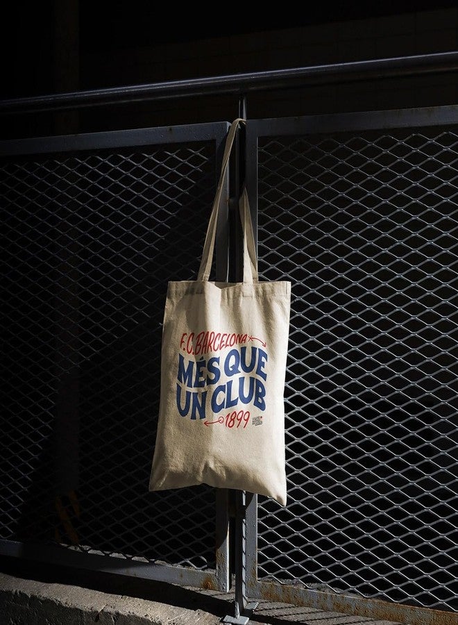 TACKLE FROM BEHIND Barcelona Canvas Tote Bag, Mes Que un Club, One Size, Beige, 14x16 Inches - Image 3