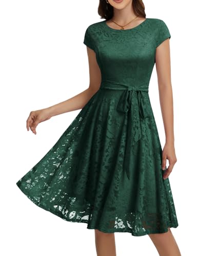 MUADRESS Women Cap-Sleeve Lace Floral Elegant Cocktail Dress Crew Neck Knee Length Bridesmaid Prom Dresses for Party DarkGreen M - Image 1