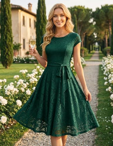 MUADRESS Women Cap-Sleeve Lace Floral Elegant Cocktail Dress Crew Neck Knee Length Bridesmaid Prom Dresses for Party DarkGreen M - Image 5