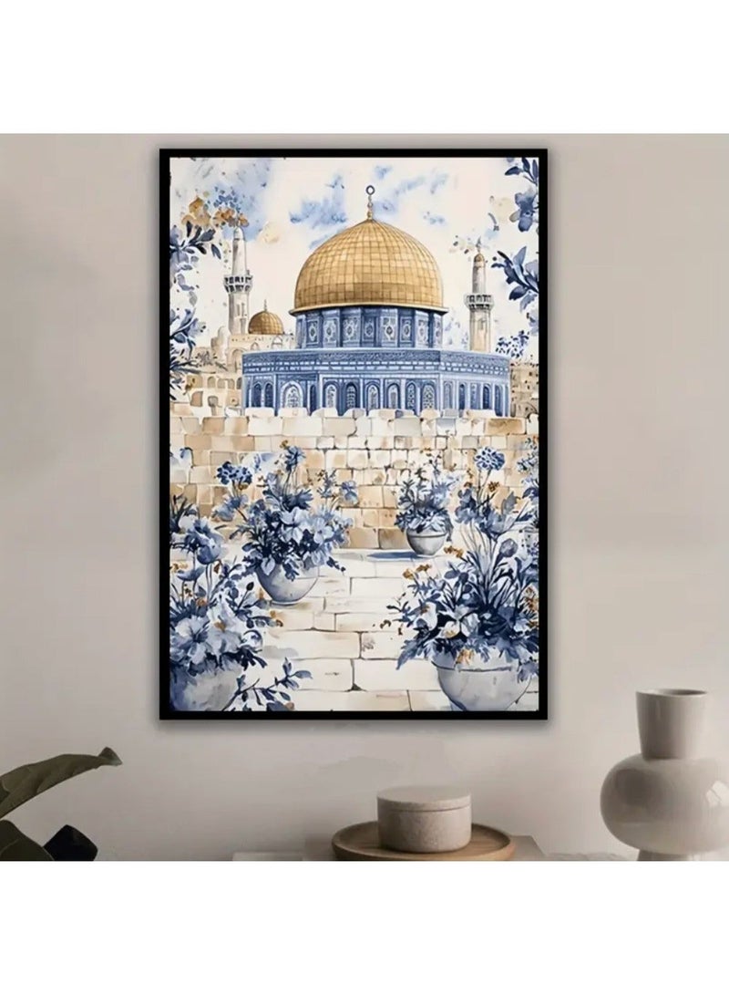 "إطار فني لقبة الصخرة – القبة الذهبية مع خلفية حجر القدس والورود الزرقاء | لوحة قماشية فاخرة | 60 × 40 سم (عمودي)" - Image 2