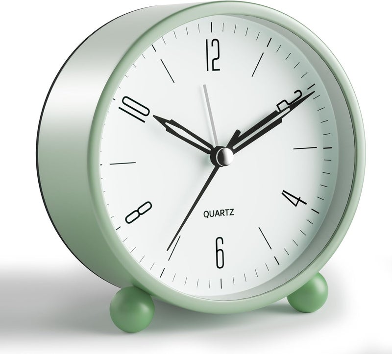 Jall Analog Alarm Clock, 4 inch Super Silent Non Ticking Small Clock with Night Light, Battery Operated, Simple Design, Old Fashioned Style Ideal Decor, for Bedroom, Bedside, Desk, Adult, Kid, Gift, Green - Image 1