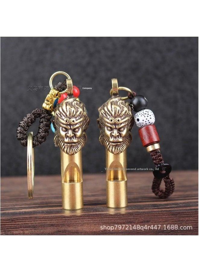 Generic Retro Brass Faucet Whistle Outdoor Referee Monkey Head Keychain Pendant Wild Survival Whistle-Color:Big Holy Whistle--ice Cracked Blue Beads - Image 3