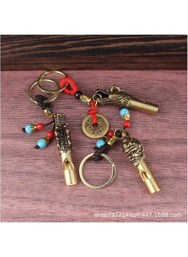 Generic Retro Brass Faucet Whistle Outdoor Referee Monkey Head Keychain Pendant Wild Survival Whistle-Color:Big Holy Whistle--ice Cracked Blue Beads - Image 2