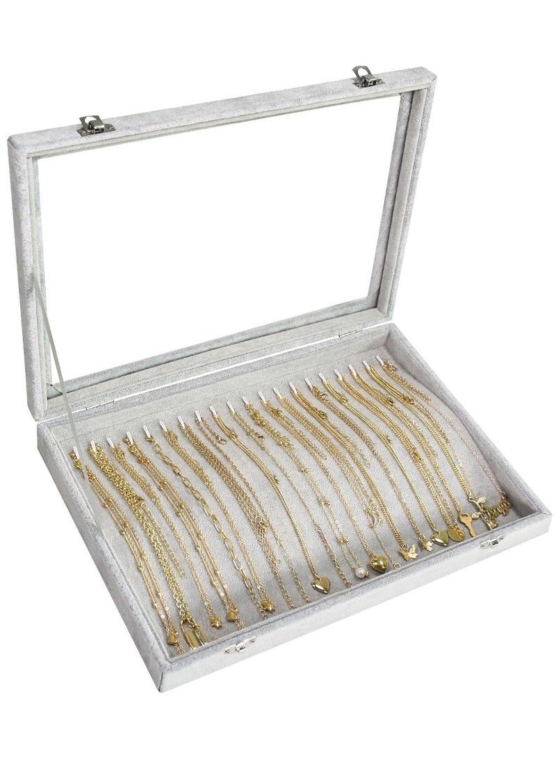 Soofam Necklace Organizer Box with Clear Lid Velvet Tray for Jewelry Storage Display Case, 20 Hooks Glass Top Drawer Insert Necklaces Pendants Dustproof Necklace Jewelry Box Organizer & Tray (Grey) - Image 1