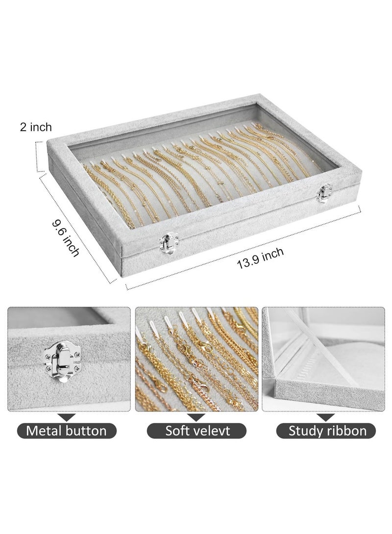 Soofam Necklace Organizer Box with Clear Lid Velvet Tray for Jewelry Storage Display Case, 20 Hooks Glass Top Drawer Insert Necklaces Pendants Dustproof Necklace Jewelry Box Organizer & Tray (Grey) - Image 3