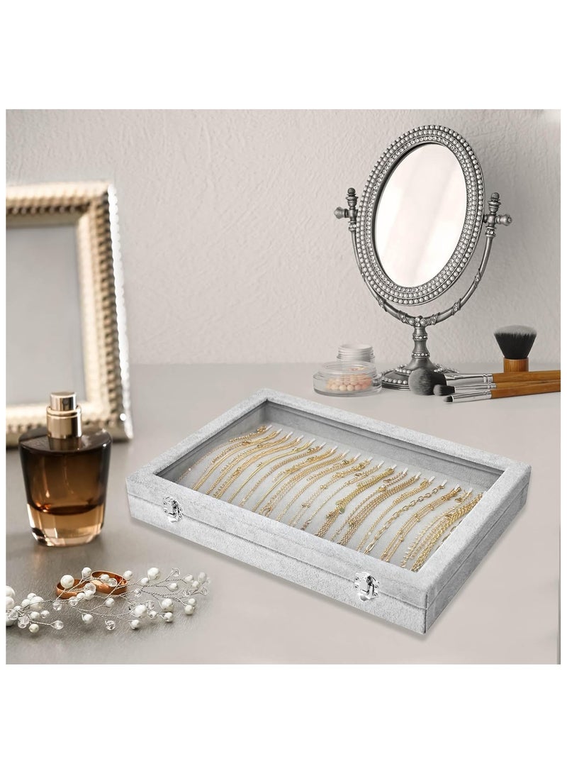 Soofam Necklace Organizer Box with Clear Lid Velvet Tray for Jewelry Storage Display Case, 20 Hooks Glass Top Drawer Insert Necklaces Pendants Dustproof Necklace Jewelry Box Organizer & Tray (Grey) - Image 4