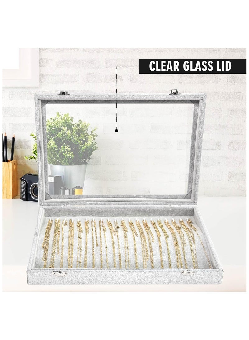Soofam Necklace Organizer Box with Clear Lid Velvet Tray for Jewelry Storage Display Case, 20 Hooks Glass Top Drawer Insert Necklaces Pendants Dustproof Necklace Jewelry Box Organizer & Tray (Grey) - Image 5