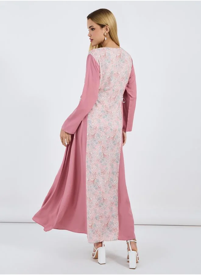ستايلي Printed V Neck Jalabiya with Side Tie-Up Detail