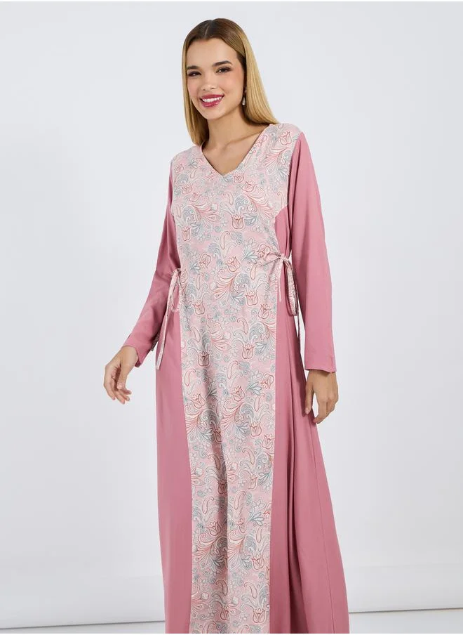 ستايلي Printed V Neck Jalabiya with Side Tie-Up Detail