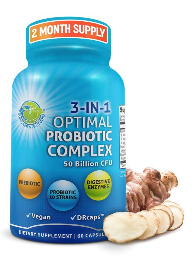 Supplements Studio Probiotic 50 Billion CFU, Prebiotic, Digestive Enzymes, 2 Month Supply, DRcaps for Men and Women Healthy Digestion - Lactobacillus Acidophilus, Shelf Stable, Gluten Dairy Free & Vegetarian Friendly - Image 1