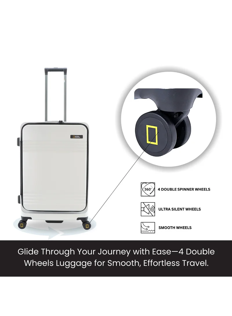 NATIONAL GEOGRAPHIC National Geographic Lodge Check-In Medium Travel Suitcase, 100% PC Durable Lightweight Hard Shell Expandable Luggage, 4 Double Wheel, TSA Lock Trolley Bag White (60 cm/24 Inch).