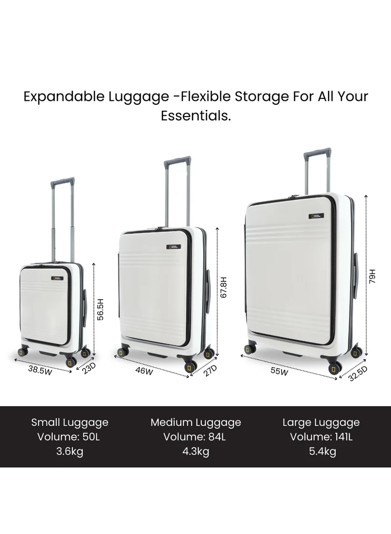 NATIONAL GEOGRAPHIC National Geographic Lodge Check-In Medium Travel Suitcase, 100% PC Durable Lightweight Hard Shell Expandable Luggage, 4 Double Wheel, TSA Lock Trolley Bag White (60 cm/24 Inch).