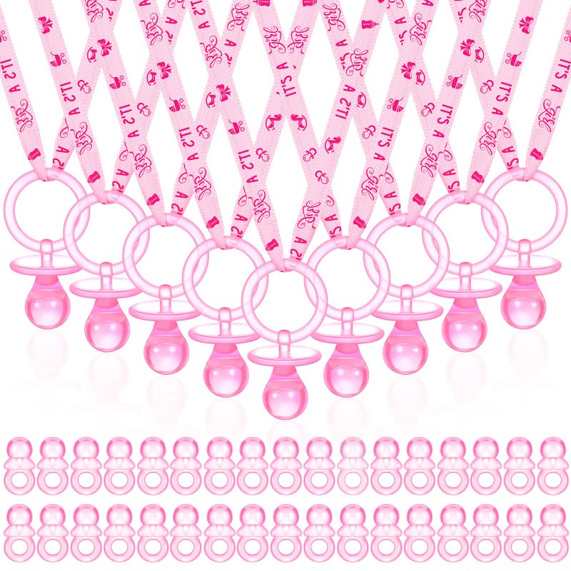 74 Pieces Baby Shower Pacifiers 24 Necklace Acrylic Plastic Pacifiers Baby Shower Game 50 Mini Plastic Charm Bulk for Party Decorations Games Table ScatterPink
