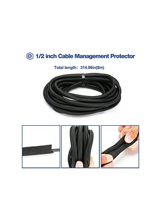 S-TOP 26ft - 1/2 inch Cord Protector Wire Loom Tubing Cable Sleeve, Braided Cable Sleeve Split Sleeving Cord Management System for TV Computer Home Theater Office, Protect Pet From Chewing Cords –Black - Image 2