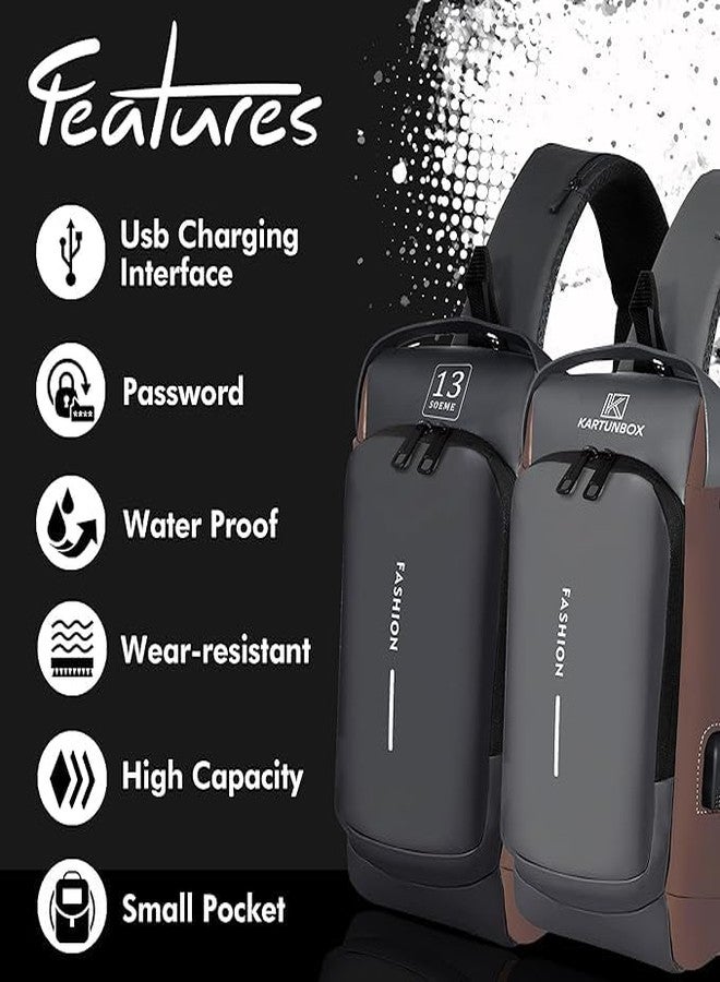 FinchGold Waterproof Sling Backpack with USB Charging Port, Anti-Theft Design, Blue and Brown - Image 4