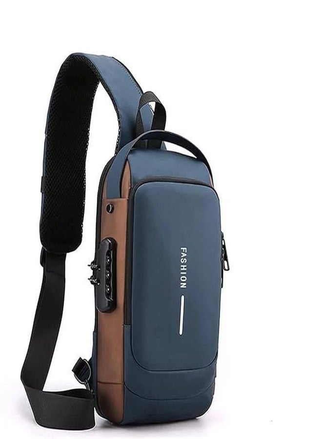FinchGold Waterproof Sling Backpack with USB Charging Port, Anti-Theft Design, Blue and Brown - Image 1