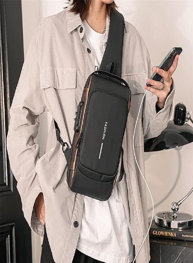 FinchGold Waterproof Sling Backpack with USB Charging Port, Anti-Theft Design, Blue and Brown - Image 5
