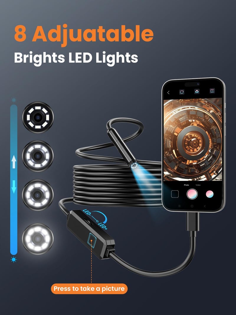 Vorth Endoscope Camera with Light, 1920P HD Borescope with 8 LED Lights, 33 FT Semi-Rigid Snake Inspection Camera, IP67 Waterproof Drain Pipe Borescope Mens Tool for iOS and Android - Image 3