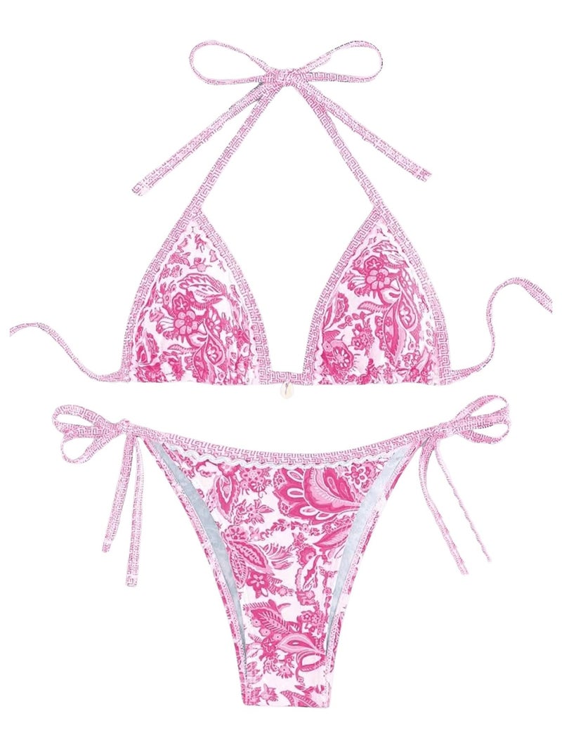 WDIRARA Women's 2 Piece Boho Swimsuits Floral Print Halter String Triangle Bikini Set Beach Bathing Suit Pink Small - Image 1