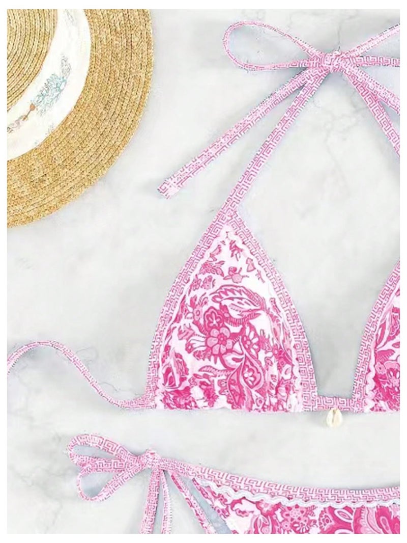 WDIRARA Women's 2 Piece Boho Swimsuits Floral Print Halter String Triangle Bikini Set Beach Bathing Suit Pink Small - Image 4