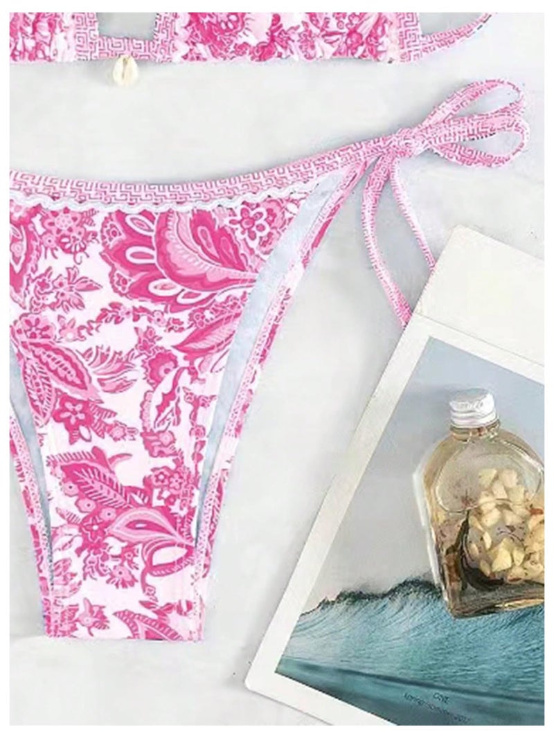 WDIRARA Women's 2 Piece Boho Swimsuits Floral Print Halter String Triangle Bikini Set Beach Bathing Suit Pink Small - Image 2