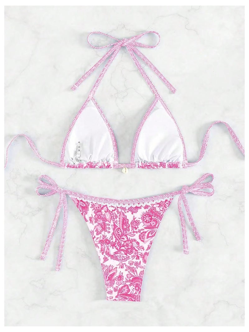 WDIRARA Women's 2 Piece Boho Swimsuits Floral Print Halter String Triangle Bikini Set Beach Bathing Suit Pink Small - Image 3