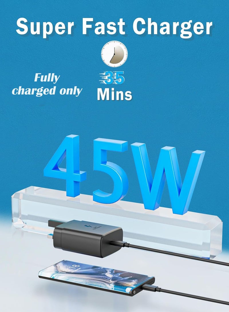 باور_لايف شاحن فائق السرعة 45 وات لهاتف Samsung Galaxy S25 Ultra، قابس وكابل شاحن من النوع C متوافق مع Samsung Galaxy S24 Ultra/S24 Plus/S23 Ultra/S23 Plus/S23 والمزيد، باللون الأسود - Image 2