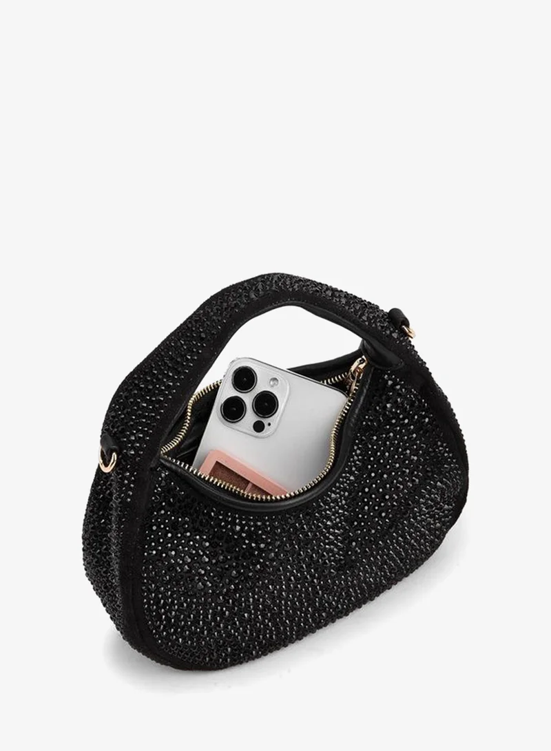 Paprika BLACK Diamante Embellished Shoulder Bag With Zip Closure for Women | Best Price UAE