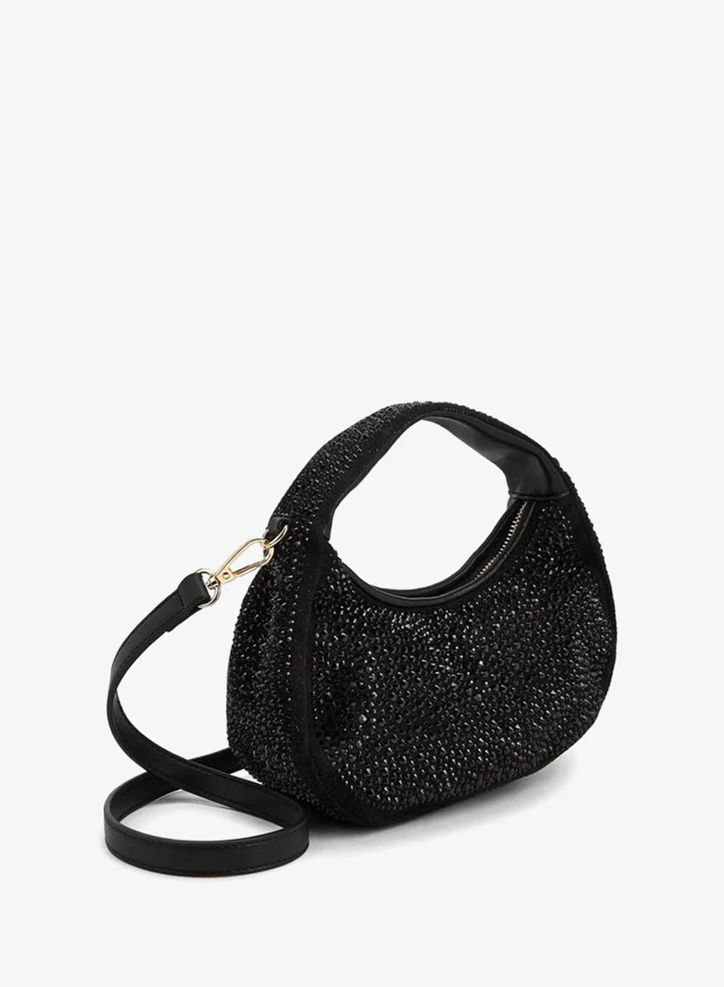 Paprika BLACK Diamante Embellished Shoulder Bag With Zip Closure for Women | Best Price UAE