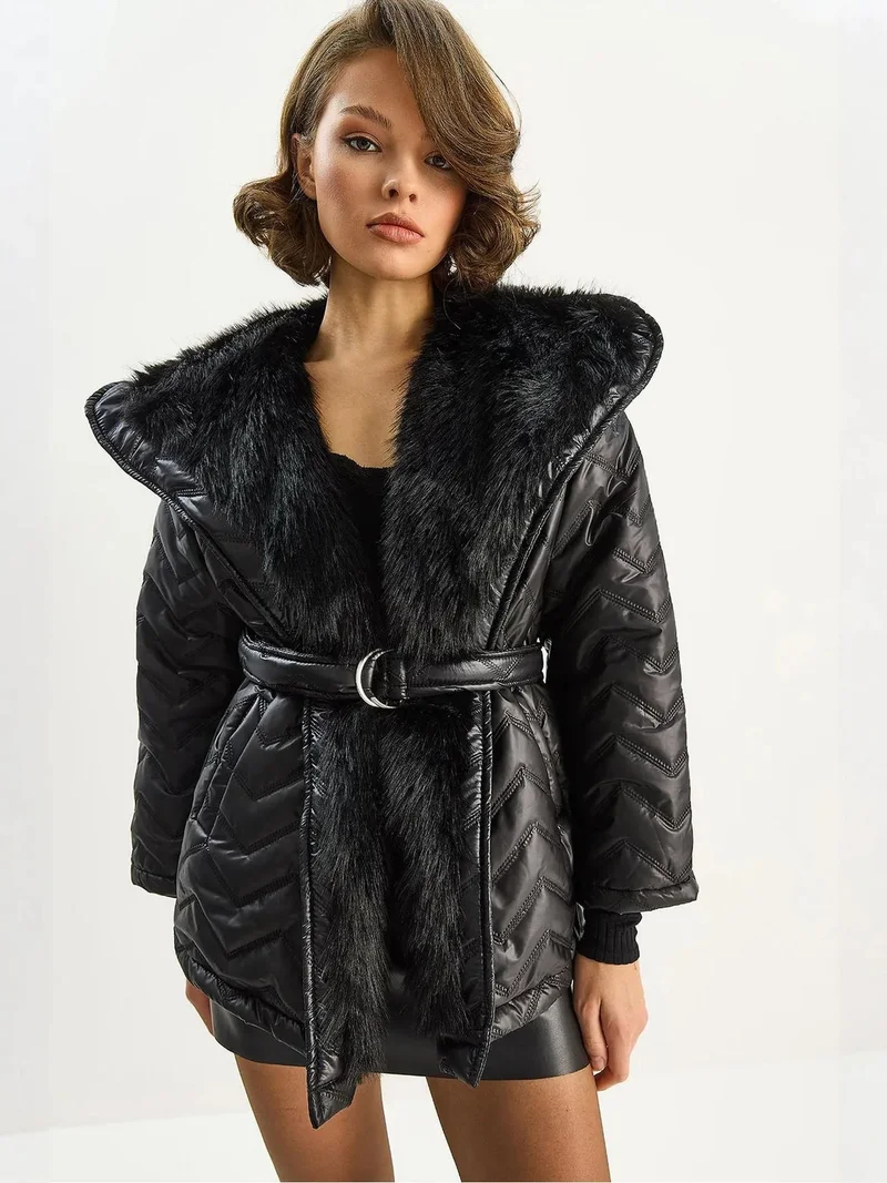 Bianco Lucci LUCCI Hooded Faux Fur Detailed Jacket