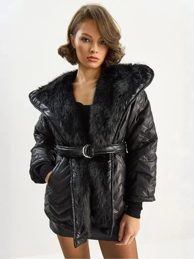 Bianco Lucci LUCCI Hooded Faux Fur Detailed Jacket
