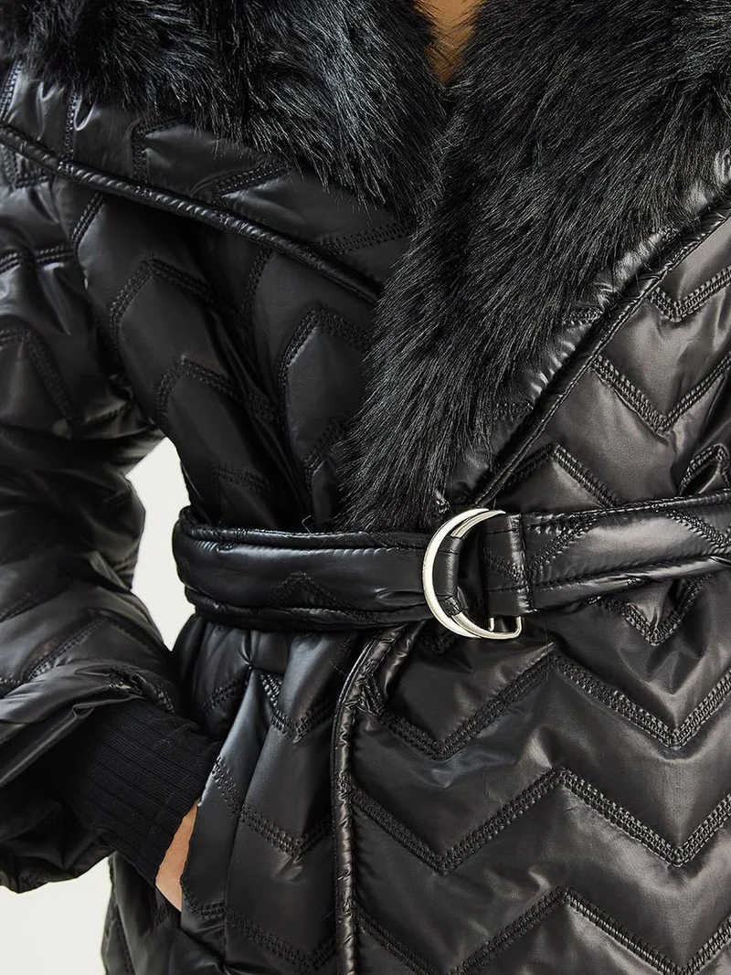 Bianco Lucci LUCCI Hooded Faux Fur Detailed Jacket