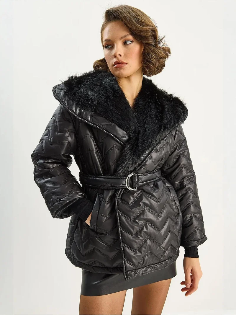 Bianco Lucci LUCCI Hooded Faux Fur Detailed Jacket