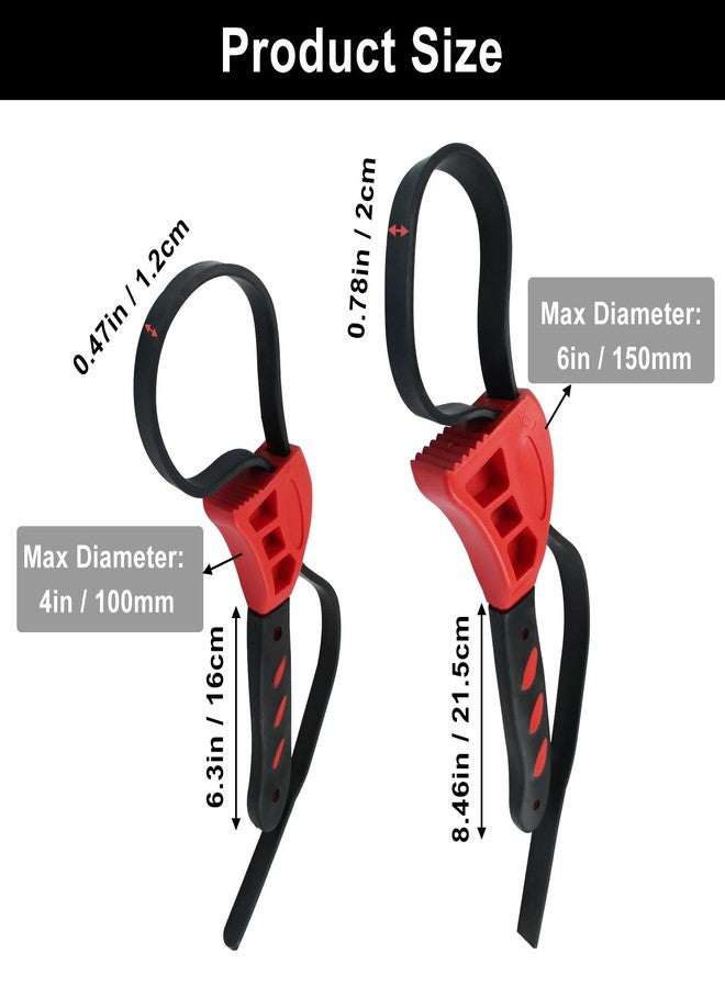 Hitefu 2 Pcs Upgrade Reinforced Rubber Strap Wrench Set, 4" & 6" Adjustable Oil/Water Filter Wrench with Belt for Plumbing, Jars, Pipes & DIY (Red) - Image 3