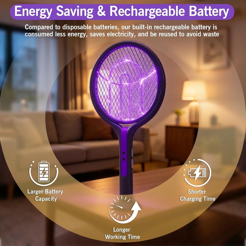Besswin Electric Fly Swatter, Rotating Head Bug Zapper, Dual Modes Mosquito Killer with Purple Mosquito Light Rechargeable for Indoor Home Patio Camp Office, Telescopic Extension - Image 5